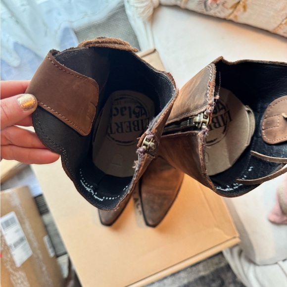 Like New, With Box Liberty Black Brown Fringe Trim Heeled Ophelia Cowboy Boots - Picture 17 of 17